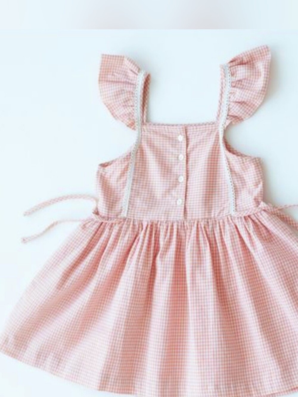 #85 Girls Pink Gingham Ruffle Strap Dress